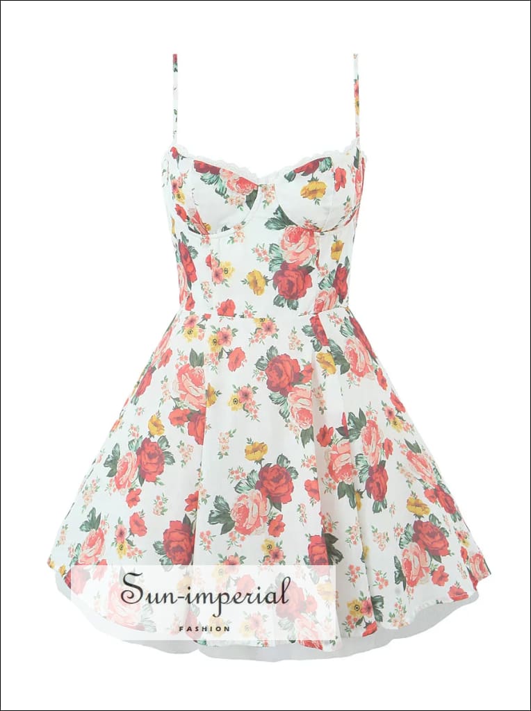 Women’s White Floral Cotton Corset Style A-line Mini Dress A-Line Sun-Imperial United States