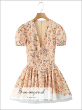Women’s Floral v Collar Corset Style Mini Dress with Short Puff Sleeve Detail V With Sun-Imperial United States