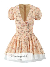 Women’s Floral v Collar Corset Style Mini Dress with Short Puff Sleeve Detail V With Sun-Imperial United States