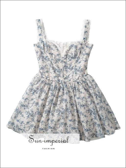 Women’s A-line Corset Style Beige Blue Floral Print Mini Dress with White Lace Detail A-Line Pink Plaid With Sun-Imperial United States