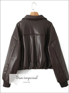 Women’s Faux Leather Drop Shoulder Long Sleeve Cropped Bomber Bread Coat Sun-Imperial United States