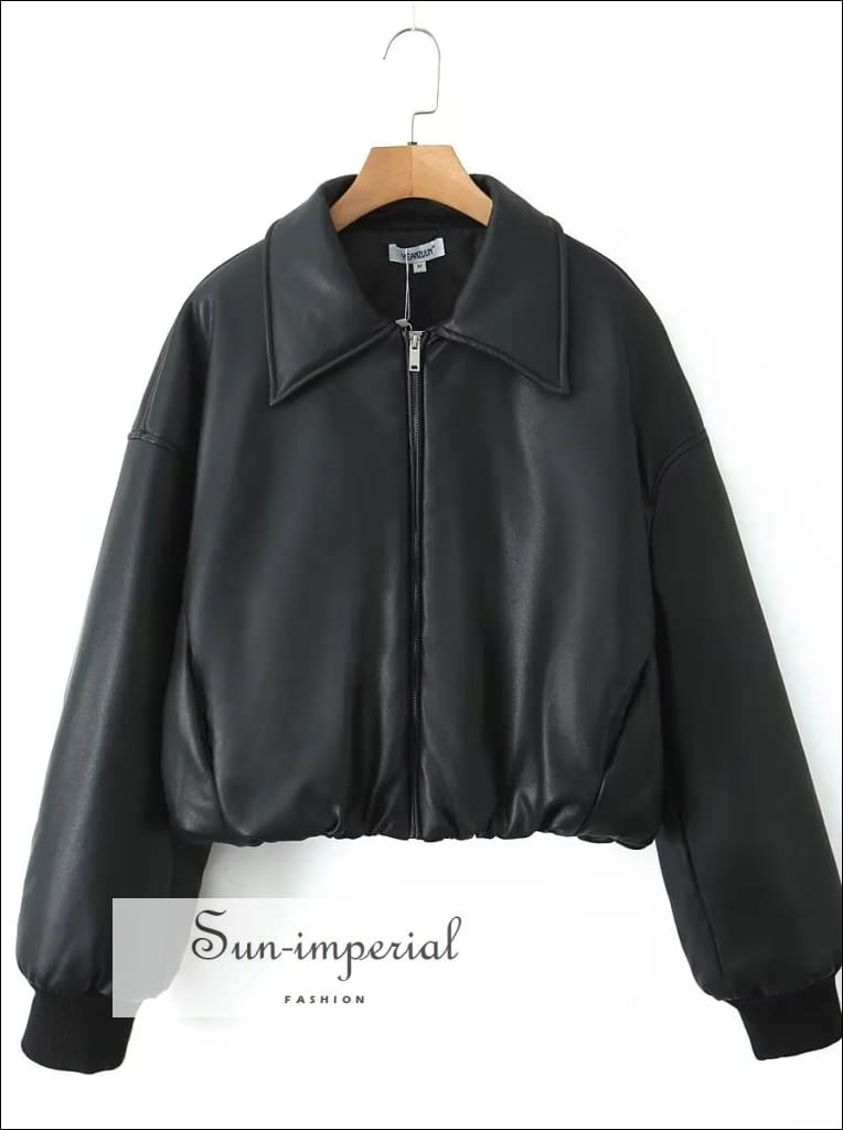 Women’s Faux Leather Drop Shoulder Long Sleeve Cropped Bomber Bread Coat Sun-Imperial United States