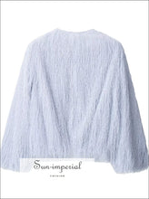 Light Blue Tassel Fringe Autumn Jacket – Women’s Loose O-neck Coat autumn outerwear, casual light blue jacket, long sleeve coat, loose fit