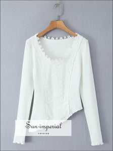 Women’s Asymmetric White Long Sleeve t Shirt with Lace Detail T With Sun-Imperial United States