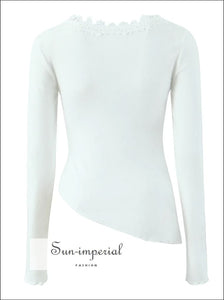 Women’s Asymmetric White Long Sleeve t Shirt with Lace Detail T With Sun-Imperial United States