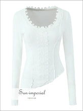 Women’s Asymmetric White Long Sleeve t Shirt with Lace Detail T With Sun-Imperial United States