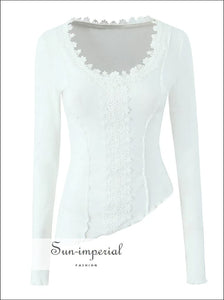 Women’s Asymmetric White Long Sleeve t Shirt with Lace Detail T With Sun-Imperial United States