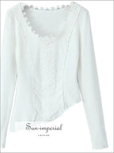 Women’s Asymmetric White Long Sleeve t Shirt with Lace Detail T With Sun-Imperial United States