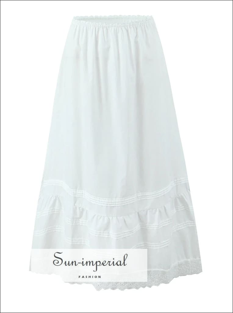 Women’s White Embroidery Elastic Waist Ankle Length Skirt with Ruffles Detail Sun-Imperial United States