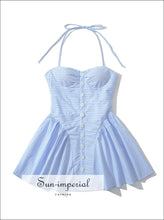 Blue Striped Halter Corset Mini Dress – Backless Bow Swing Summer backless summer dress, blue striped corset dress women, halter mini low