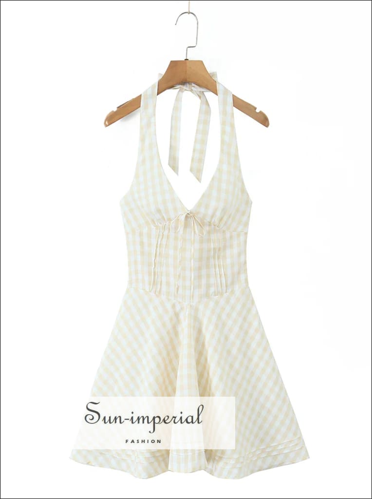 Women’s Plaid N-line Deep v Nack Mini Backless Dress Sun-Imperial United States