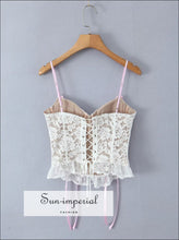 Women’s White Lace Corset Style Crop Top with Pink Bow Detail With Sun-Imperial United States