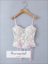 Women’s White Lace Corset Style Crop Top with Pink Bow Detail With Sun-Imperial United States