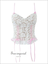 Women’s White Lace Corset Style Crop Top with Pink Bow Detail With Sun-Imperial United States