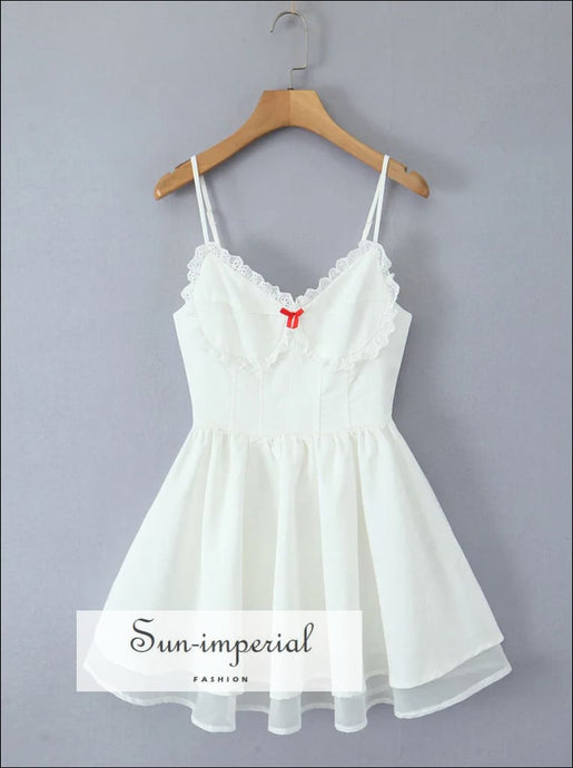 Women A-line White Embroidery Corset Style Mini Dress with Red Bow Detail A-Line style With Sun-Imperial United States