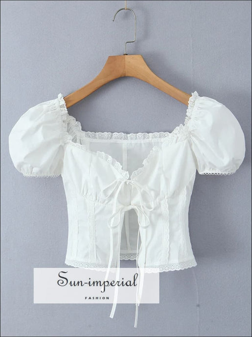 Women’s White Embroidery Short Puff Sleeve Top with Open Front Bow Detail embroidery With Sun-Imperial United States