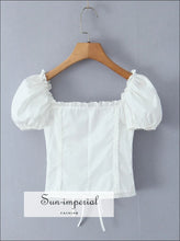 Women’s White Embroidery Short Puff Sleeve Top with Open Front Bow Detail embroidery With Sun-Imperial United States