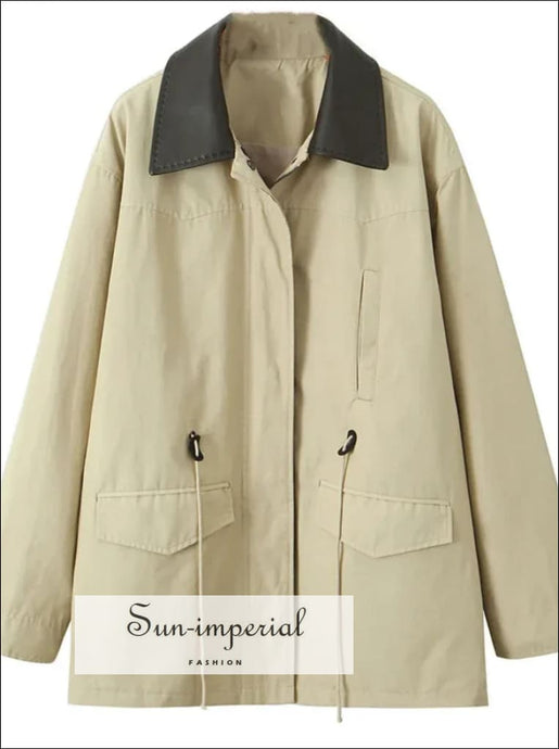 Women’s Light Khaki Faux Leather Safari Coat with Zipper Detail Sun-Imperial United States