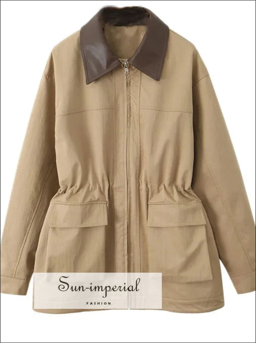 Women’s Khaki Faux Leather Safari Coat with Zipper Detail With Sun-Imperial United States