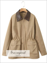 Women’s Khaki Faux Leather Safari Coat with Zipper Detail With Sun-Imperial United States