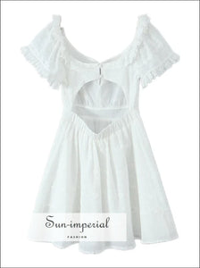 Women’s White Embroidery o Neck Puff Sleeve Short Dress Backless Mini Sun-Imperial United States