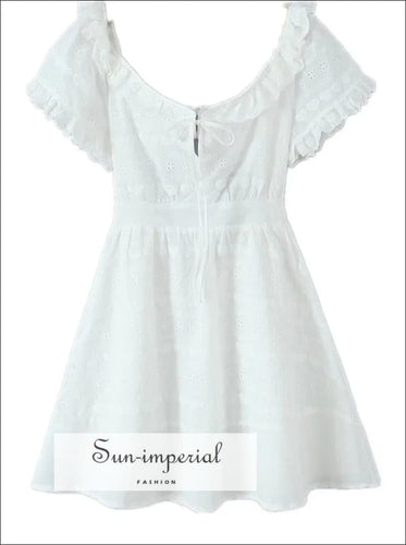 Women’s White Embroidery o Neck Puff Sleeve Short Dress Backless Mini Sun-Imperial United States