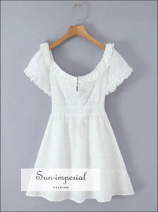 Women’s White Embroidery o Neck Puff Sleeve Short Dress Backless Mini Sun-Imperial United States
