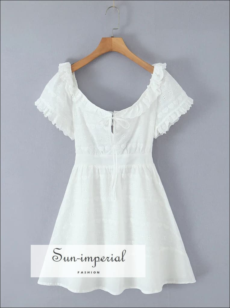 Women’s White Embroidery o Neck Puff Sleeve Short Dress Backless Mini Sun-Imperial United States