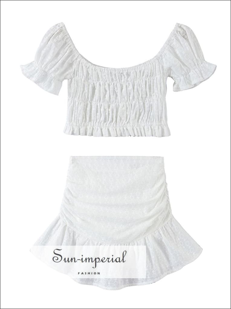 White Embroidery Two Piece Skirt Set With Drawstring Crop Top And High Waist Ruffles Mini Sun-Imperial United States