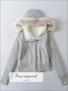 Women’s Zippered Shaggy Cropped Hooded Sweatshirt with Inner Faux Fur Fleece With Sun-Imperial United States