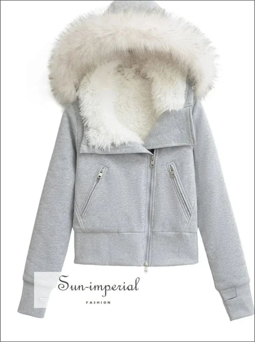 Women’s Zippered Shaggy Cropped Hooded Sweatshirt with Inner Faux Fur Fleece With Sun-Imperial United States