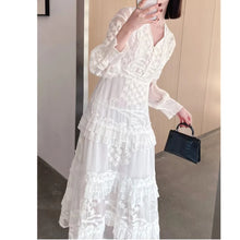 Nina Dress- Vintage V Neck Long Sleeve Lace Midi Women's Dress Ruffle a Line Fit