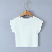Women's White Short Sleeve v Neck Ribbed Cropped Top