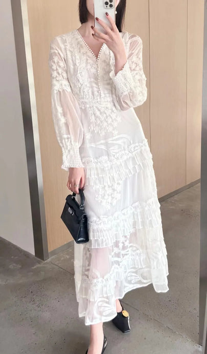 Nina Dress- Vintage V Neck Long Sleeve Lace Midi Women's Dress Ruffle a Line Fit