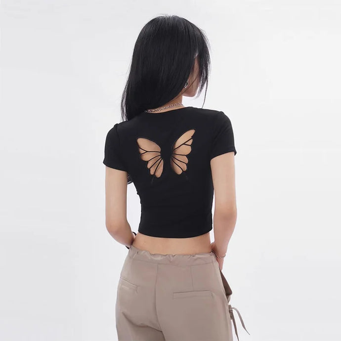 Women's Butterfly Cut Back  Cropped Fitted Tee