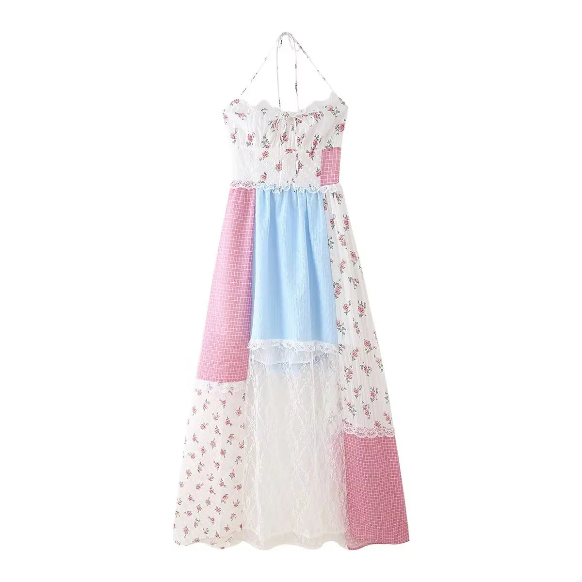 Women's Backless Patchwork Halter Maxi Dress as picture / S Women's Backless Patchwork Halter Maxi Dress as picture / S