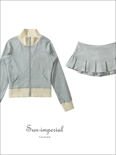 Women’s Color Block Ribbed Zipped Sweatshirt And Pleated Skirt Set Sun-Imperial United States