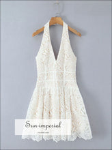Beige Embroidered Lace Halter Mini Dress – V-neck Low Waist Swing beige lace dress, embroidered mini halter dress women, ball gown low