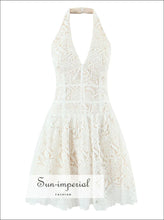 Beige Embroidered Lace Halter Mini Dress – V-neck Low Waist Swing beige lace dress, embroidered mini halter dress women, ball gown low