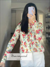 Beige Rose Print Women V-neck Long Sleeve Single Breasted Knitwear Short Cardigan Sweater casual style, Unique vintage style Sun-Imperial