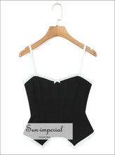 Black Camisole Crop Top with White Binding and Button Detail black crop top, button front camisole casual women contrast binding top