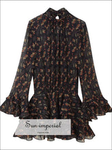 Black Floral Print Chiffon Mini Dress – Long Sleeve Stand Collar Ruffled Hem & Backless Slit backless dress, chiffon, flare floral mini