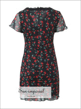 Women’s A-line v Neck Black Mini Dress With Red Rose Flower Print A-Line V Sun-Imperial United States