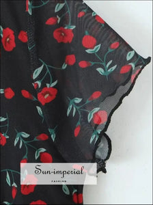 Women’s A-line v Neck Black Mini Dress With Red Rose Flower Print A-Line V Sun-Imperial United States