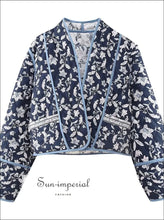 Blue and White Floral Quilted Reversible Bomber Jacket boutique outerwear, casual outerwear women, floral jacket quilted coat, lightweight