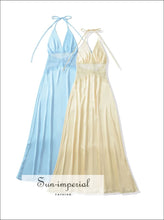 Blue Lace-up Bow Halter V-neck Sling Dress – A-line Floor-length Backless Women’s a-line dress, Dresses, blue evening Floor-Length Dresses