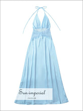 Blue Lace-up Bow Halter V-neck Sling Dress – A-line Floor-length Backless Women’s a-line dress, Dresses, blue evening Floor-Length Dresses