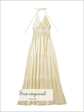 Blue Lace-up Bow Halter V-neck Sling Dress – A-line Floor-length Backless Women’s a-line dress, Dresses, blue evening Floor-Length Dresses