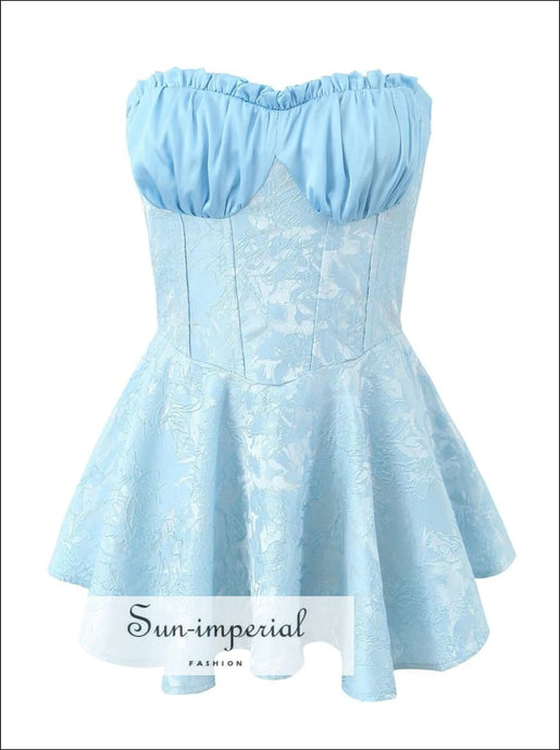 Blue Satin Strapless Jacquard A-line Corset Style Mini Dress With Contrast Color Detail Detail, Sun-Imperial United States