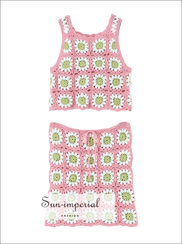 Women’s Pink Sun Flower Print Crochet Two Piece Skirt Set With Sleeveless Crop Top Tanks And Pencil Mini Sun-Imperial United States
